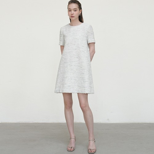 Tweed A-line Half sleeve Dress Ivory