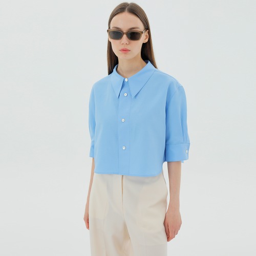 Cropped Linen-Blend Shirt Blue