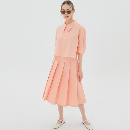 Wide Pleated Midi Skirt Pink